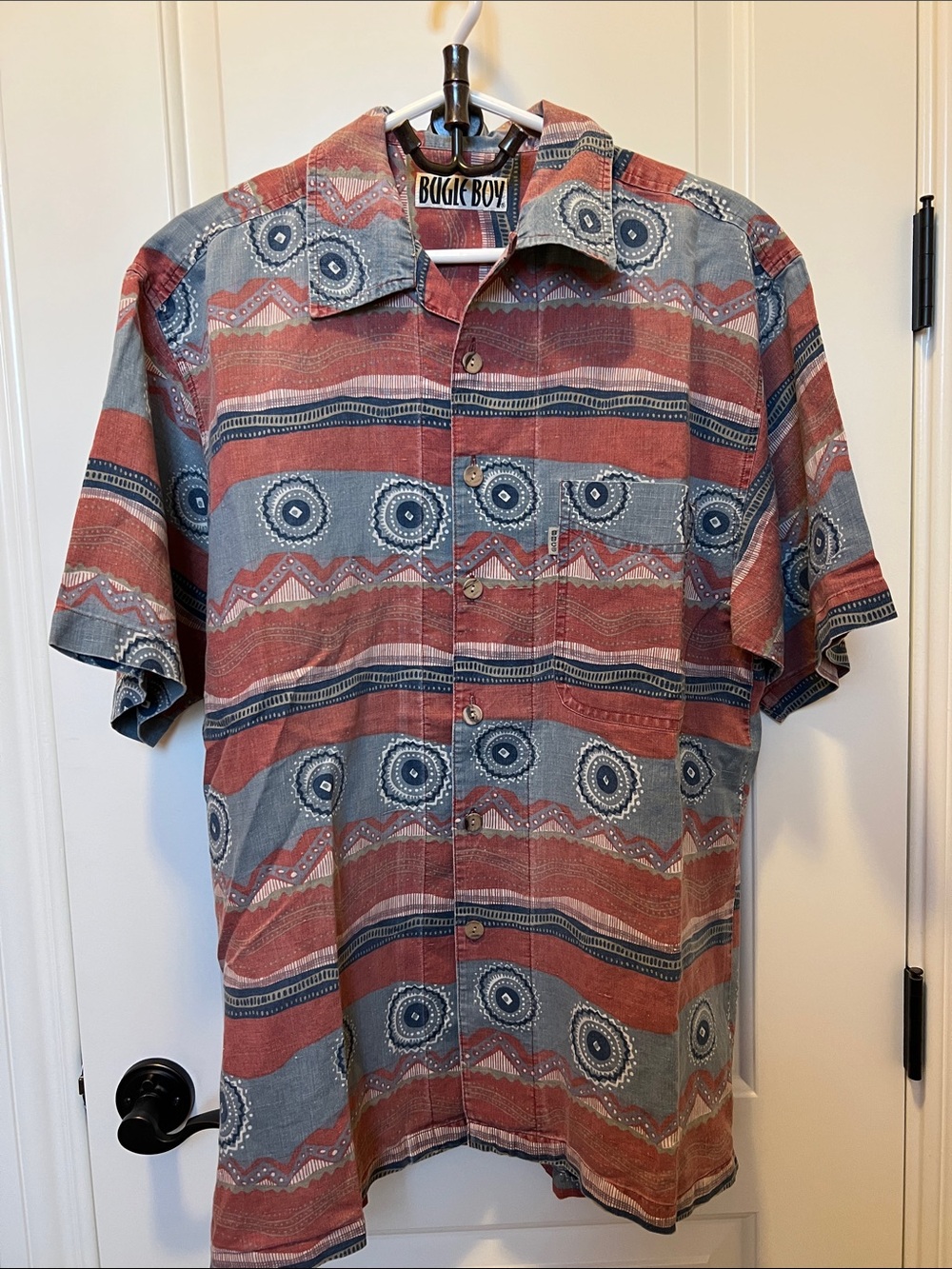 Vintage Bugle Boy grunge distressed Geometric Short-Sleeve Button-Up Shirt